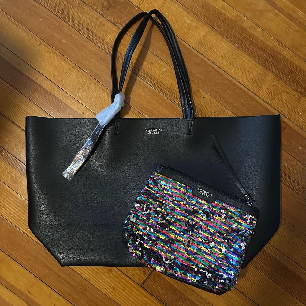 Victoria's Secret Black Tote Bag with Sequin Pouch